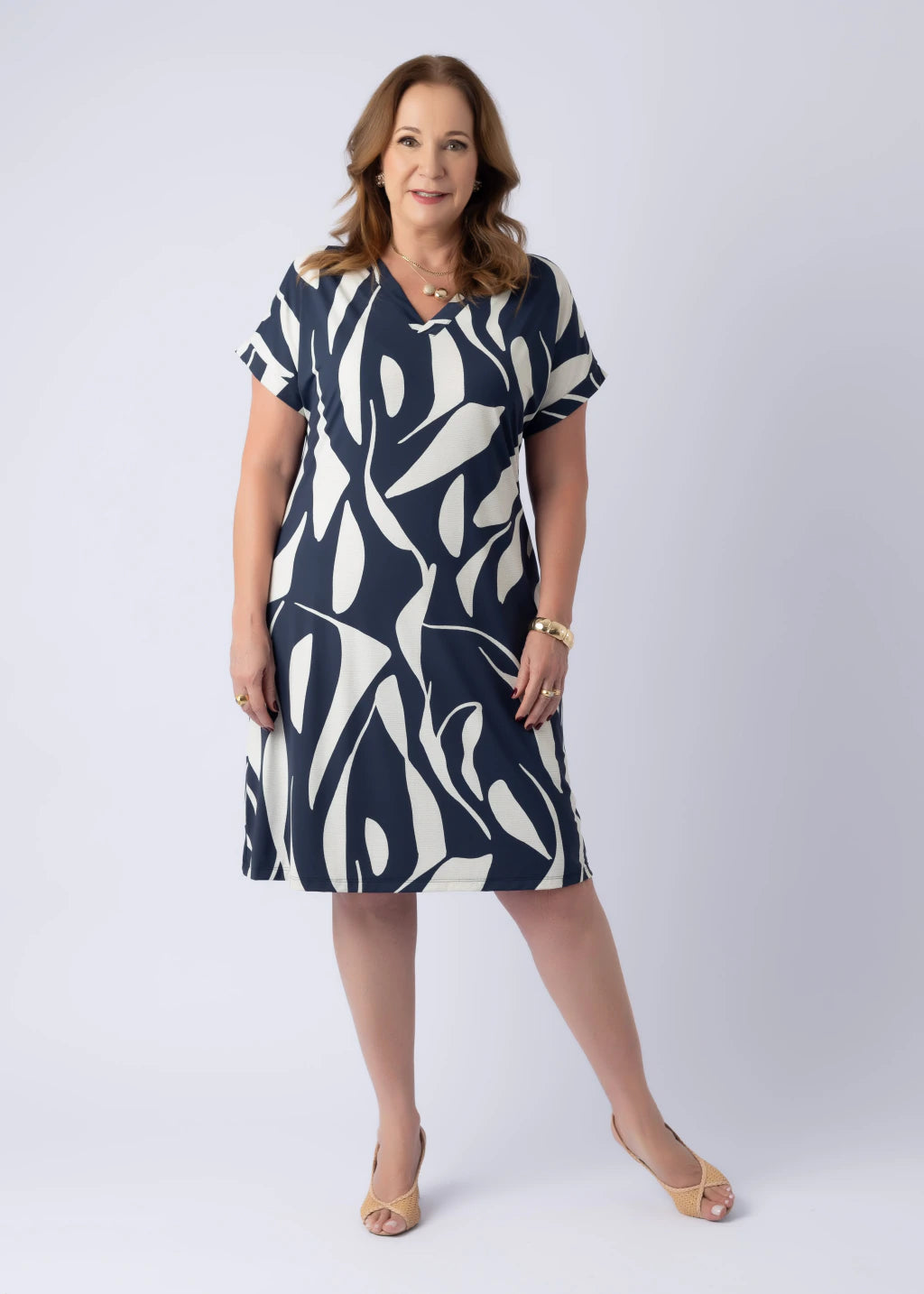 Vestido Cândida Off White e Azul Marinho